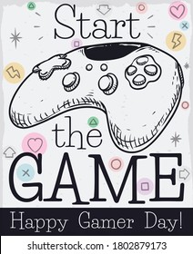 Commemorative design with game controller in hand drawn style and some doodles around it, inviting at you to celebrate a happy Gamer Day.