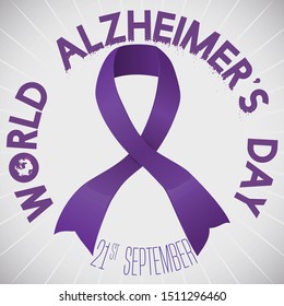 Commemorative design with giant purple ribbon and greeting text fading and  to commemorate World Alzheimer's Day this 21st September.