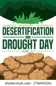 
Commemorative design with green forest and grass over arid ground commemorating Desertification and Drought Day this 17th June with some precepts: awareness, prevention and sustainability.