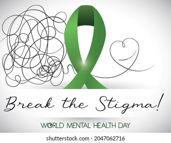 Commemorative design with green ribbon and untangled doodle forming a heart with smile, promoting to break the stigma and celebrate the World Mental Health Day.