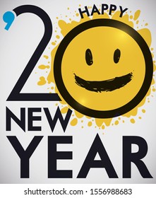 Commemorative design with greeting, apostrophe, number and cute smiling face over yellow paint splashes to celebrate New Year 2020.