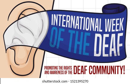 Commemorative design with greeting ribbon over ear and promoting rights and awareness of the deaf community during International Week of the Deaf.