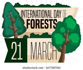 Gedenkdesign mit Grußbändern und verschiedenen Baumtypen, die den Internationalen Tag der Wälder befördern, feiern diesen 21. März.