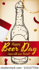 Commemorative design in hand drawn style, with delicious beer bottle, streamers, some confetti, stain mark and a calendar paper to celebrate Beer Day.