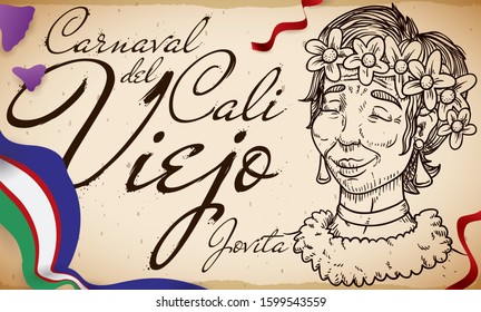 Commemorative design in hand drawn style of Cali Viejo Parade with iconic Jovita character portrait, Cali flag, guayacan petals and streamers.