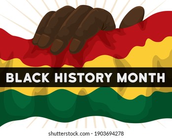 Commemorative design with hand holding a waving flag with African colors, ready for Black History Month celebration.