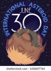 Commemorative design for International Asteroid Day in June 30 with meteor falling at high speed to the Earth, a terrible event that invite to promote efforts to prevent it during this date.