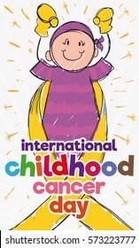 Commemorative design for International Childhood Cancer Day with brave little girl who survived this disease and is happy with her new life.