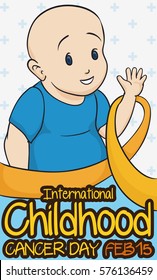 Commemorative design for International Childhood Cancer Day with brave boy saluting at you across a golden ribbon symbolizing the fight against this disease.