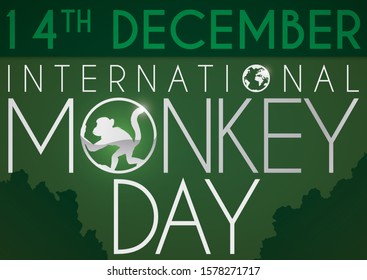 Commemorative design for International Day of Monkey this 14th December with a forest and primate silhouette, remembering the importance of these animals in the ecosystem.