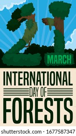Commemorative design made in recycled paper and number date made with trees, vegetation and trunks promoting International Day of Forests celebration this 21st March.