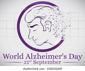 Commemorative design with man's head and purple circle fading, representing the memory loss of Alzheimer disease, promoting awareness during World Alzheimer's Day this 21st September.