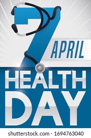 Commemorative design with number "7" tangled with a stethoscope like reminder date to celebrate Health Day in April with squared electrocardiogram paper.