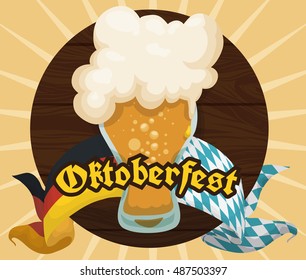 Commemorative design for Oktoberfest with wooden tap and frothy beer decorated with double edge ribbon, right half with Bavaria colors, the left half with Germany colors.