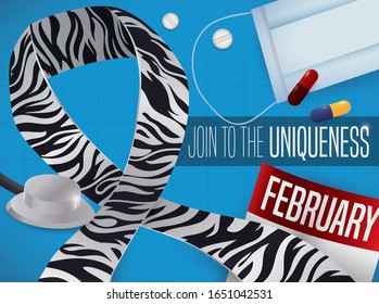 Commemorative design for Rare Disease Day with striped ribbon as a zebra, stethoscope, pills, facial mask and calendar promoting the last day of February for this holiday.