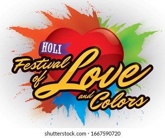 Commemorative design with a red heart over splashes with colorful powders, decorated with a ribbon to celebrate Holi, also called the Festival of Love and Colors.