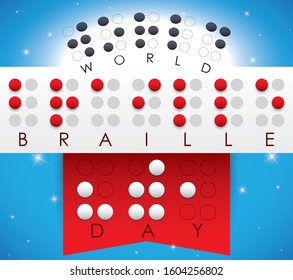 Commemorative design with red ribbon and greeting message written with raised dots to celebrate World Braille Day over glows.