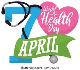 Commemorative design with reminder date for World Health Day with stethoscope tangled in number "7", ribbon and heart with greeting for this holiday.