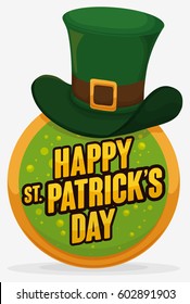 Commemorative design for St. Patrick's Day with a round button, bubbly design inside, golden greeting and a leprechaun's hat in the top.
