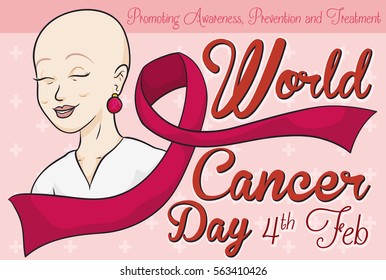 Commemorative design for World Cancer Day with beautiful woman in treatment who survived this disease, celebrating this special date.