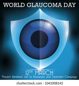 Commemorative design for World Glaucoma Day with a glowing shield protecting an eye of the blindness due to this ocular disease.