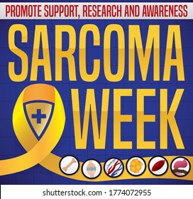 
Commemorative design with yellow ribbon and icons in it, of tissues depicting some parts affected for this rare cancer and promoting support, research and awareness during Sarcoma Week event.