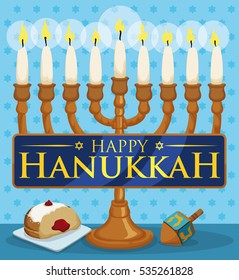 Commemorative elements to celebrate Hanukkah: Chanukiah with white candles, golden gelt coin, dreidel, sufganiyot and latke behind a blue ribbon.