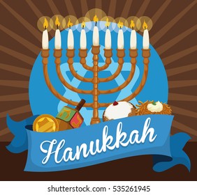 Commemorative elements to celebrate Hanukkah: Chanukiah with white candles, golden gelt coin, dreidel, sufganiyot and latke behind a blue ribbon.