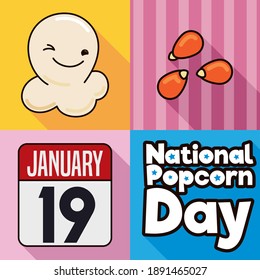Commemorative elements to celebrate National Popcorn Day in U.S.A.: happy popped kernel, seeds of corn, loose-leaf calendar, and greeting sign with stars.