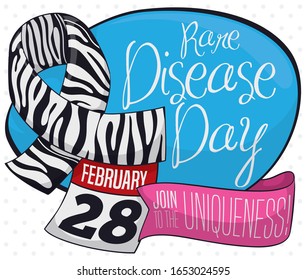 Commemorative elements to celebrate Rare Disease Day this 28th February: zebra print ribbon as symbol of uniqueness, greeting message and calendar with reminder date for this day.