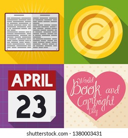 Commemorative elements to celebrate World Book and Copyright Day in April 23: book open, golden medal with copyright symbol, calendar with reminder and heart with greeting message.