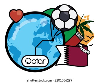 Elementos conmemorativos del evento de fútbol de Qatar: globo con la ubicación de esta nación, fútbol, perlas, corazón, palmera y la bandera de Qatar, Diseño de estilo plano.