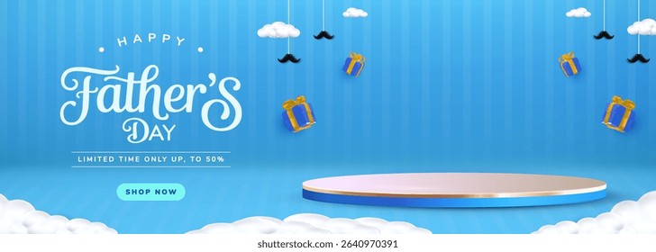 Commemorative Fathers Day banner with blue hues, hovering gifts, clouds, and festive decor. Perfect for promotions, celebrations, and seasonal campaigns dedicated to Fathers and their special day.

