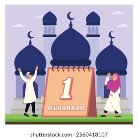 Commemorative featuring a calendar marked 1 Muharram against a mosque backdrop, symbolizing Islamic New Year celebrations. Flat vector modern illustration 