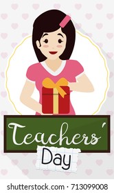 Commemorative flat design with beautiful young teacher holding a gift from her students in Teachers' Day celebration.