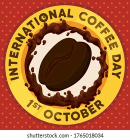 
Commemorative golden button with coffee bean inside of it, circled with delicious coffee beverage to celebrate International Coffee Day this 1st October.