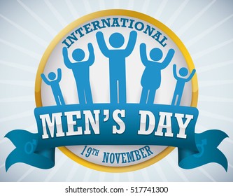 Commemorative golden button with masculine pictograms decorated with a blue ribbon for International Men's Day.