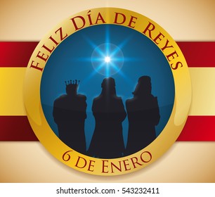 Commemorative golden round button with the silhouette of the Three Magi following the Bethlehem's star commemorating Epiphany (or "Dia de Reyes" in Spanish) celebration in January 6.