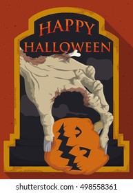 Commemorative Halloween poster with zombie hand holding a smiling pumpkin on a grave rusted frame.