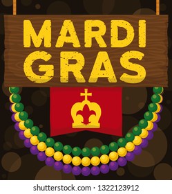 Commemorative hanging wooden sign with colorful collars and ribbon decorated with crown and fleur-de-lis (lily flower) symbol, promoting Mardi Gras celebration in New Orleans.