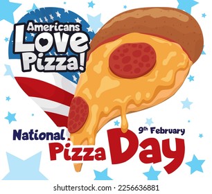 Commemorative heart with American flag in a side and pepperoni pizza in the other, to celebrate the love in National Pizza Day on February 9.
