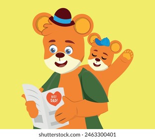 Ilustración conmemorativa del Día del Padre, el oso padre leyendo una tarjeta del Día del Padre de su osezno.