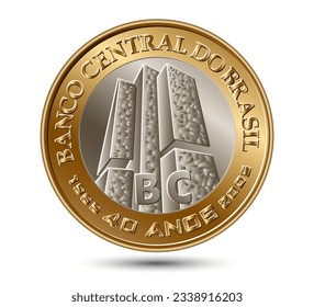 Commemorative "One Real" Brazilian coin, "Forty years Central Bank (2005)" isolated on white background. Vector illustration.