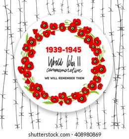 commemorative poppies wreath. Memorable World War II card with poppies for design banner,ticket, leaflet and so on. Template page.