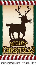 Commemorative postcard with tender reindeer silhouette in an ancient scroll, greeting sign and candy canes to celebrate a merry Christmas.