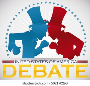 Commemorative poster for the America's presidential debate with contenders silhouette of traditional parties ready to fight.