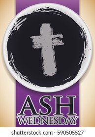 Commemorative poster for Ash Wednesday with top view of a bowl with blessed ashes and a cross shape in the bottom and purple stole.