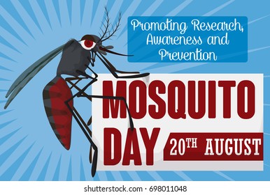 Commemorative poster with female mosquito over a greeting sign and some precepts to commemorate World Mosquito Day in August 20.