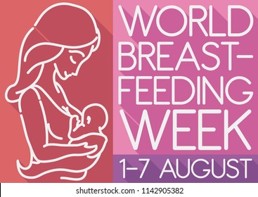 Commemorative poster in flat style and long shadow with mother and baby silhouette promoting World Breastfeeding Week this 1-7 August.