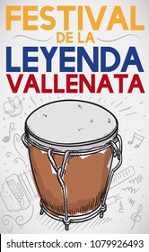 Commemorative poster with hand drawn "caja vallenata" or small drum over doodles with crown, accordion, guacharaca and musical notes for Vallenato Legend Festival (written in Spanish).